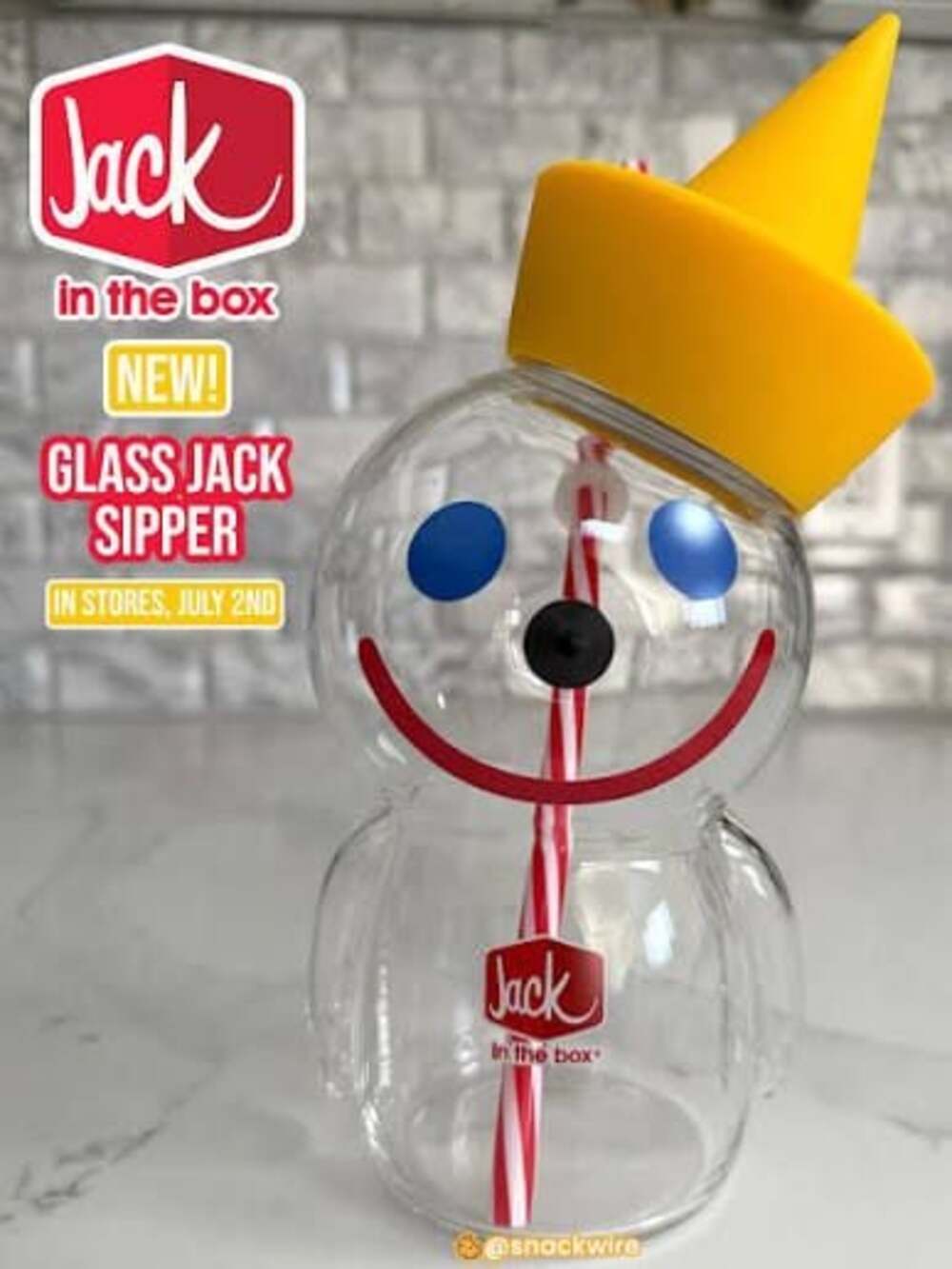 Limited stock Jack in the Box Jack Head Shaped Glass Sipper with Yellow Hat Lid